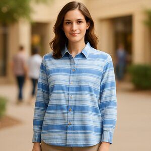 Talbots Petites Large Blue White Cotton Striped Button Down Shirt Nautical Coast